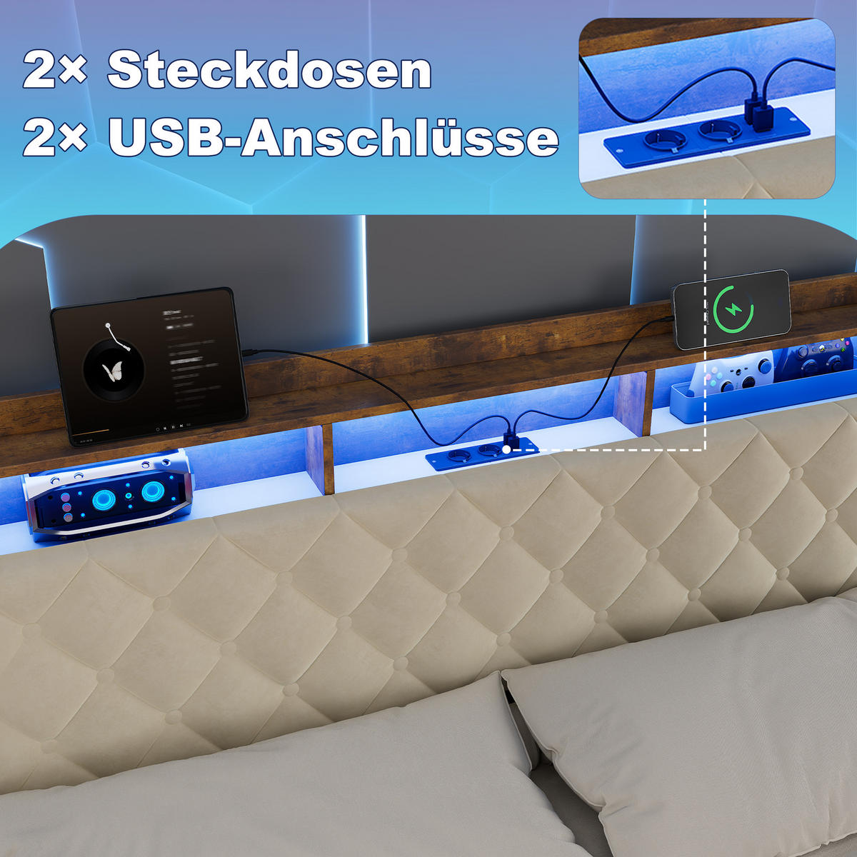 POLSTERBETT 160/200 cm mit LED, Hydraulik und USB ohne Matratze - Beige, Textil (160/200cm) - MIVRAY