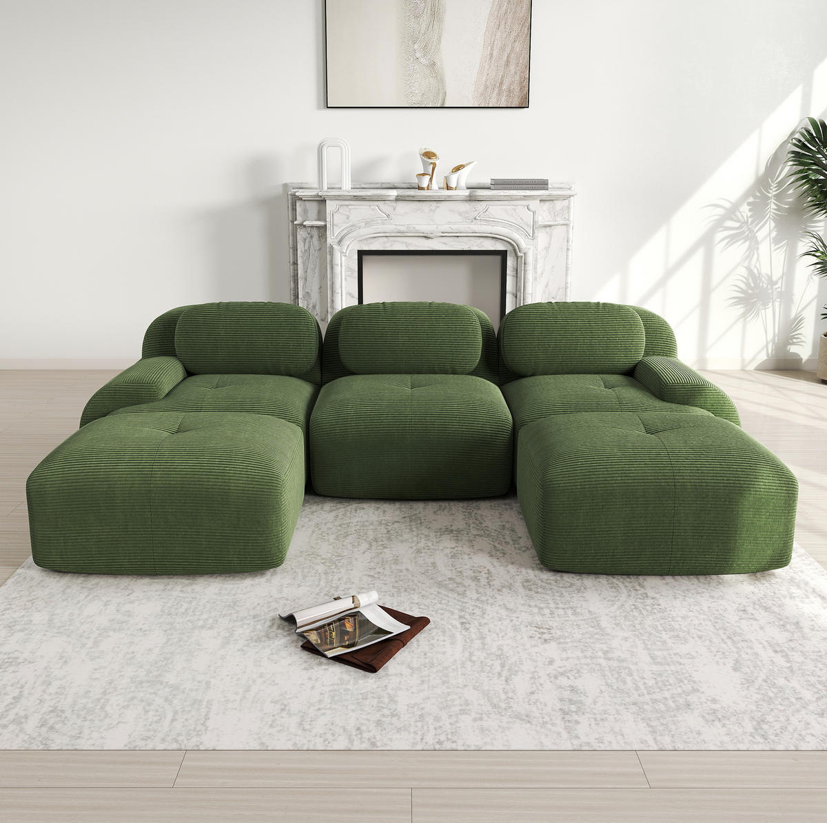 ECKSOFA 298/178/75 cm grün aus Cordstoff rahmenlos mit 32D-Hochdichteschaum und modularer Form - Grün, Textil (178/298cm) - OKWISH
