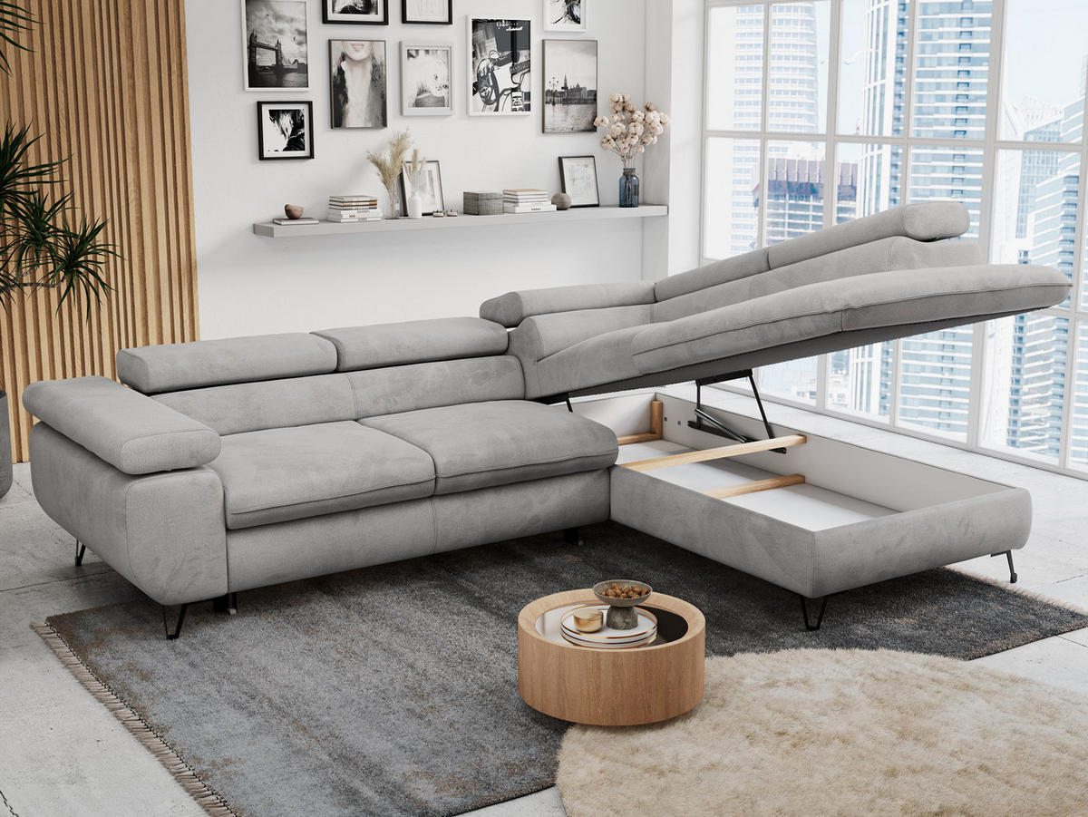 ECKSOFA PETER L Hellgrau Velvet - Rechts Seite - Hellgrau/Schwarz, Textil/Metall (273/208cm) - MKS