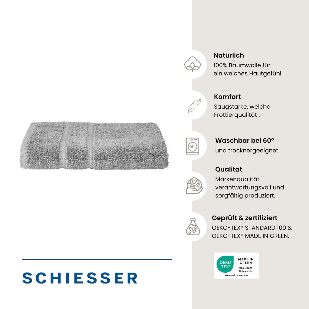 DUSCHTUCHSET Miro - 2-teilig - 70 x 140 cm - Silber - Grau, Textil (70/140cm) - SCHIESSER