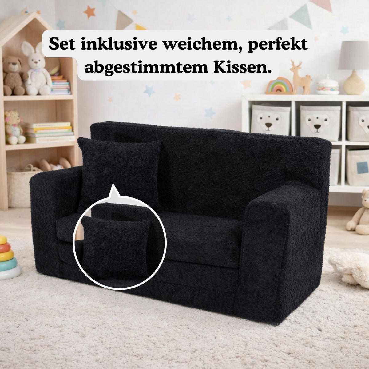 KINDERSOFA David – Stilvoller Komfort für das Kinderzimmer - In den Trendfarben - Schwarz, Textil (83/47/43cm) - Fortisline