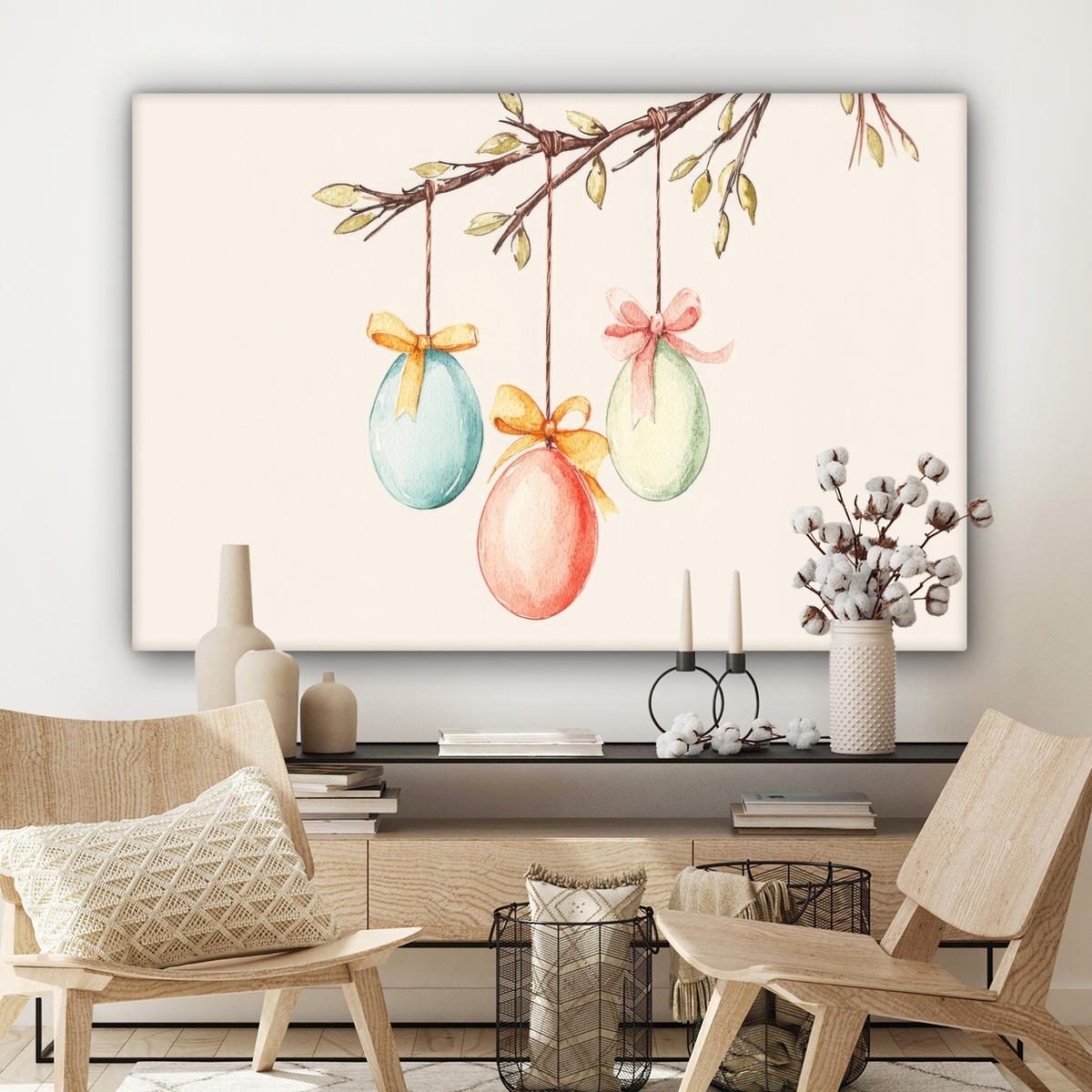 LEINWANDBILD Osterkuchen - Schleife - Eier XXL 150x100 cm - Creme, Textil (150/100cm) - MuchoWow