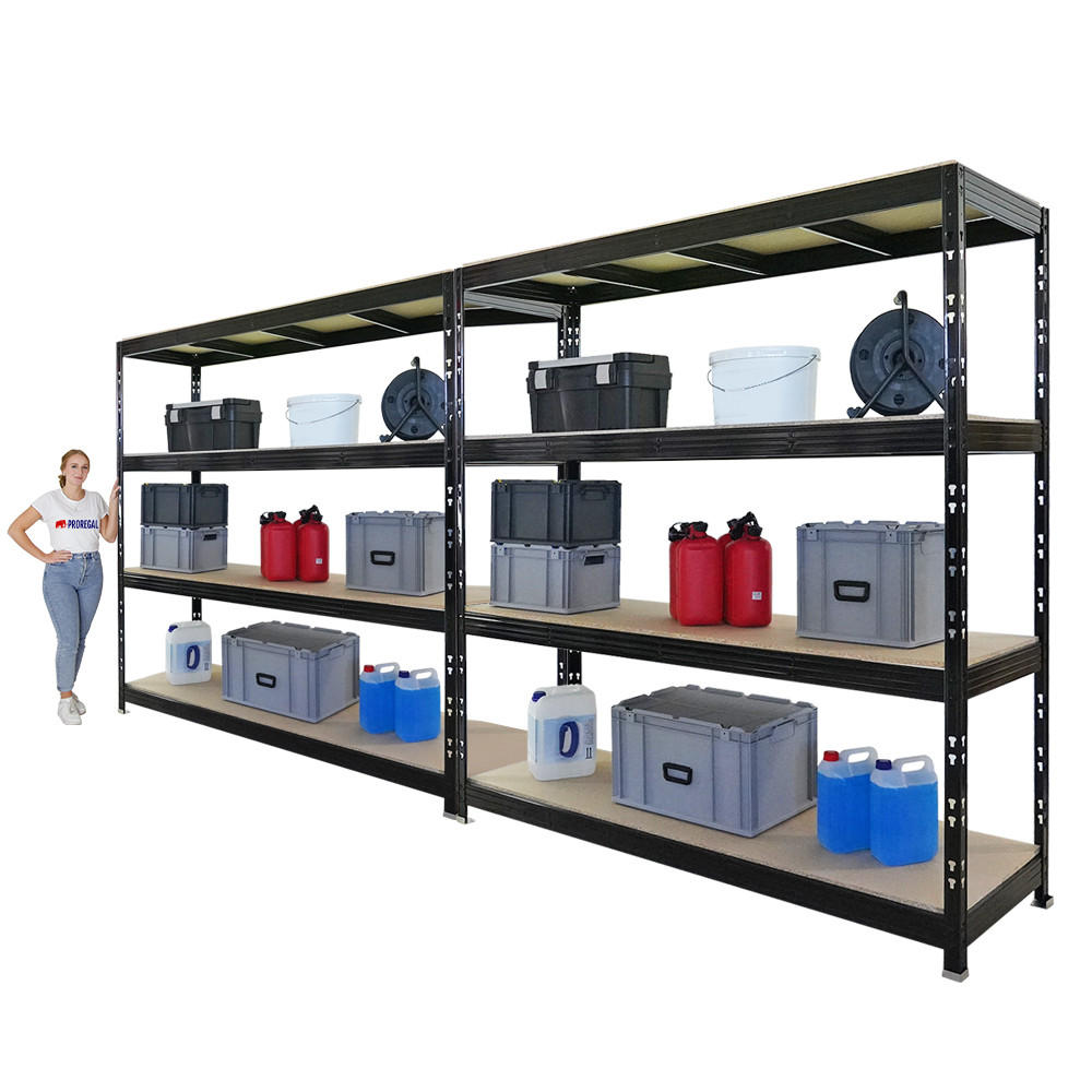 SCHWERLASTREGAL Rhino 2er-Set 200x200x60 cm 4 Spanplatten-Ebenen 16mm Fachlast 500 kg Schwarz - Schwarz, Metall (400/200/60cm) - PROREGAL