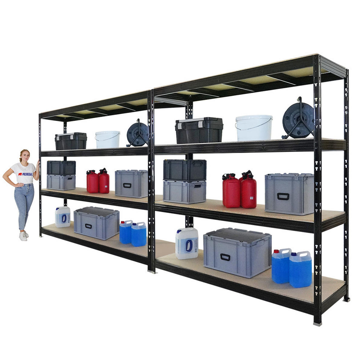 SCHWERLASTREGAL Rhino 2er-Set 200x200x60 cm 4 Spanplatten-Ebenen 16mm Fachlast 500 kg Schwarz - Schwarz, Metall (400/200/60cm) - PROREGAL