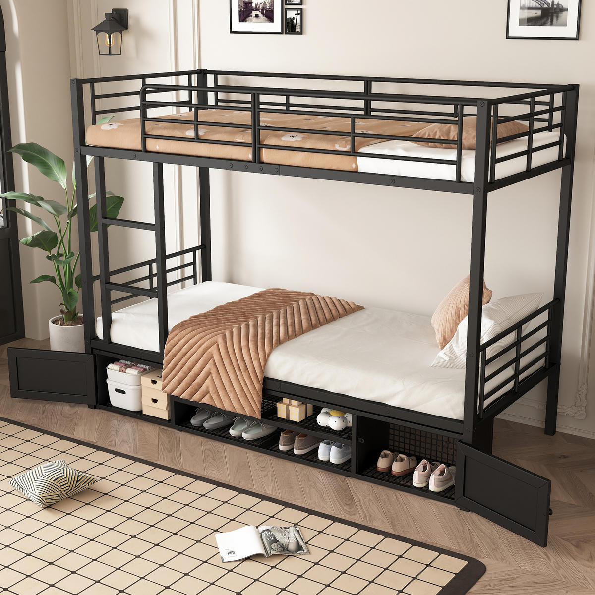 ETAGENBETT 90/200 cm & 90/200 cm in Schwarz mit Schuhregal, 2 Schränken und Leiter Metall - Schwarz, Metall (90/200cm) - STILVORA