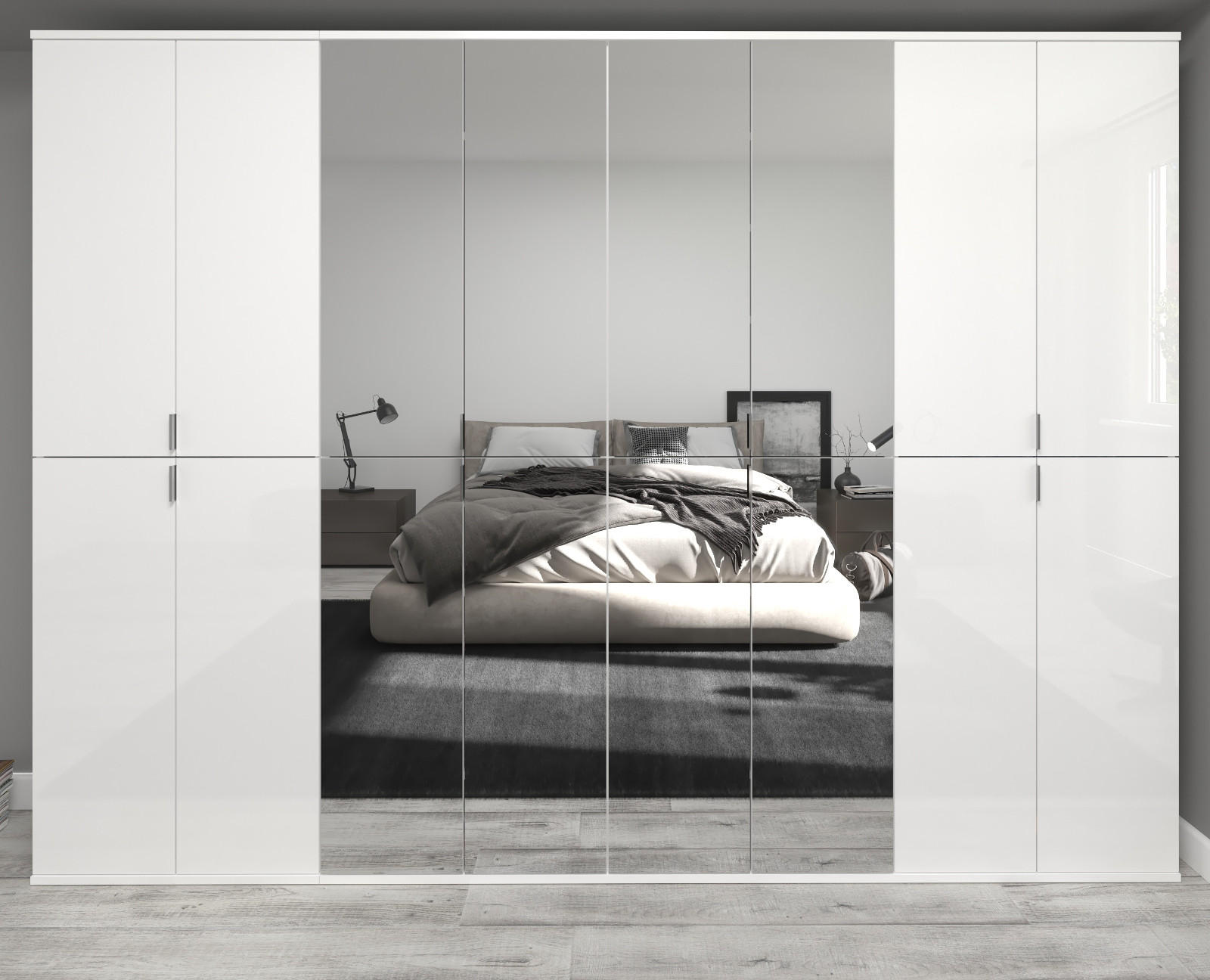 KLEIDERSCHRANK weiß Hochglanz 244 cm, Mehrzweckschrank mit Spiegeltüren, 36 Fächer - Weiß Hochglanz/Silberfarben, Holzwerkstoff/Metall (244/193/34cm) - Inn.Furn