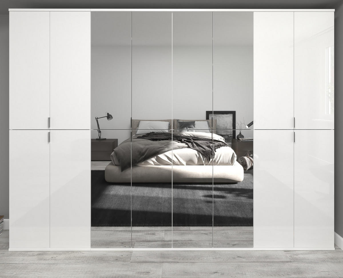 KLEIDERSCHRANK weiß Hochglanz 244 cm, Mehrzweckschrank mit Spiegeltüren, 36 Fächer - Weiß Hochglanz/Silberfarben, Holzwerkstoff/Metall (244/193/34cm) - Inn.Furn