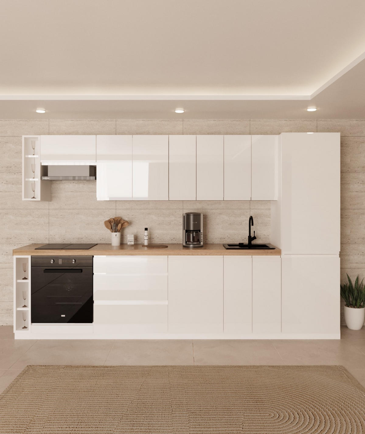 KÜCHENZEILE 340 cm - Aspen KA12-M340- in Weiß/Hochglanz - Weiß Hochglanz, Holz (340/212/58cm)