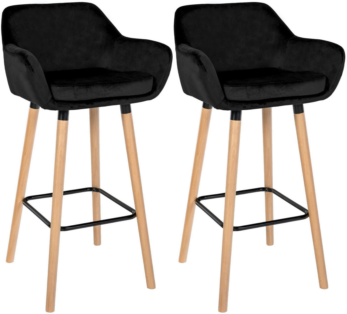 BARHOCKER 2er Set Samt Schwarz - Eukalyptusholzfarben/Schwarz, Holz/Textil (51/101/50cm) - CLP