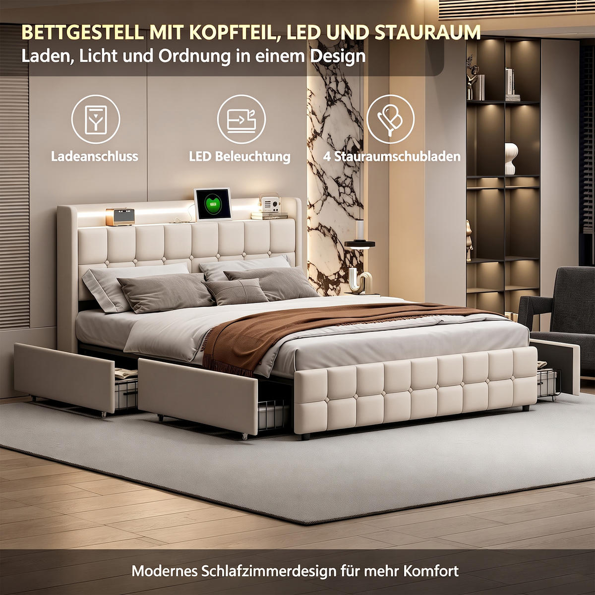 POLSTERBETT 140x200 mit Stauraum, Bettgestell 140x200 mit 4 Schubladen, Kopfteil mit USB und LED, Lattenrost, Bezug aus Leinen, Beige - Beige, Holz/Holzwerkstoff (140/200cm) - GENKI LIVING