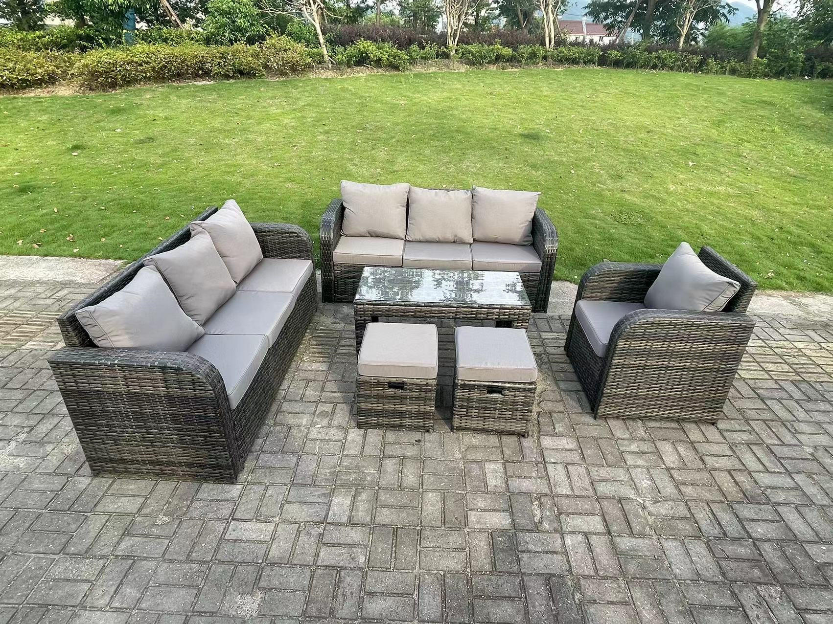 GARTENSET Polyrattan 9-Sitzer - Dunkelgrau/Grau, Glas/Kunststoff - Fimous