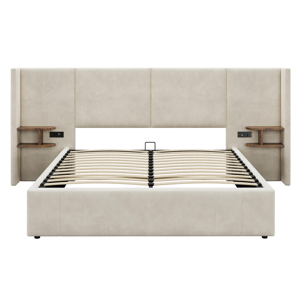 POLSTERBETT aus Samt 160x200 cm Beige mit Bettkasten, USB-Anschlüssen, Steckdosen und 2 Nachttischen - Beige, Textil (160/200cm) - IVMEU