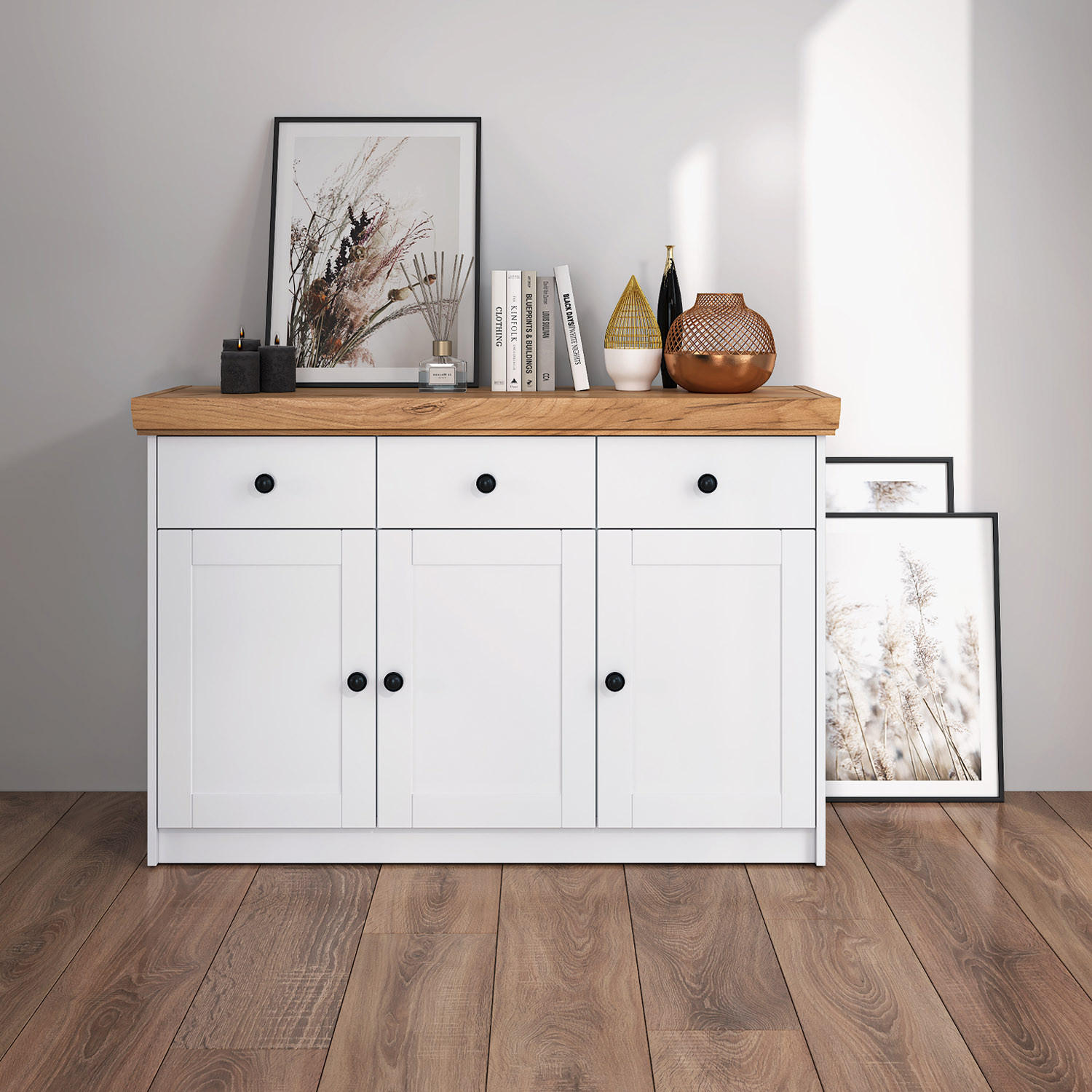 SIDEBOARD 122/82/42 cm in weiß natur - Schwarz/Weiß, Holz/Metall (122/82/42cm) - Homestyle4u