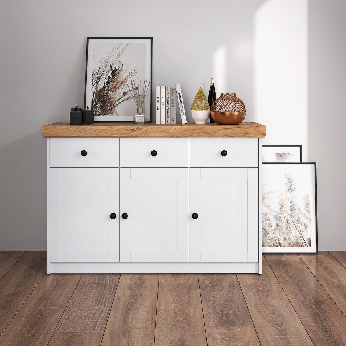 SIDEBOARD 122/82/42 cm in weiß natur - Schwarz/Weiß, Holz/Metall (122/82/42cm) - Homestyle4u
