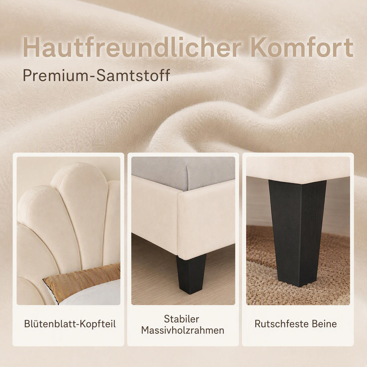 KINDERBETT 90x200 mit Lattenrost, Blütenblatt-Kopfteil, höhenverstellbar, Beige - Beige, Holz/Textil (90/200cm) - GENKI LIVING