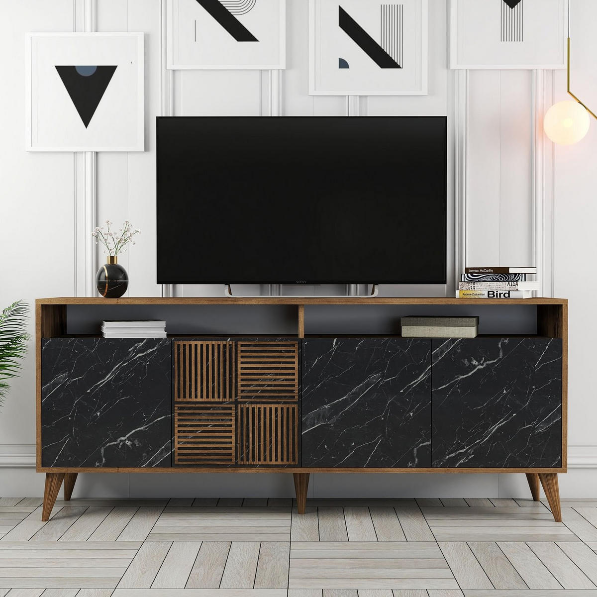 SIDEBOARD 4 Türen L180 cm - Milan - Schwarz, Holzwerkstoff (35/78.6/180cm) - Calicosy