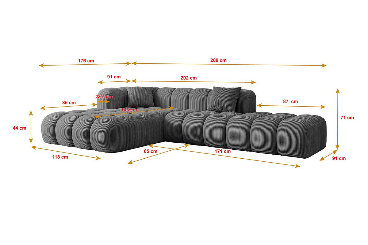 ECKSOFA Ottomane Rechts OLEA-L2 - 289x176x71 cm Dunkelgrau Cord - Dunkelgrau/Schwarz, Holzwerkstoff/Kunststoff (289/176cm) - ALTDECOR