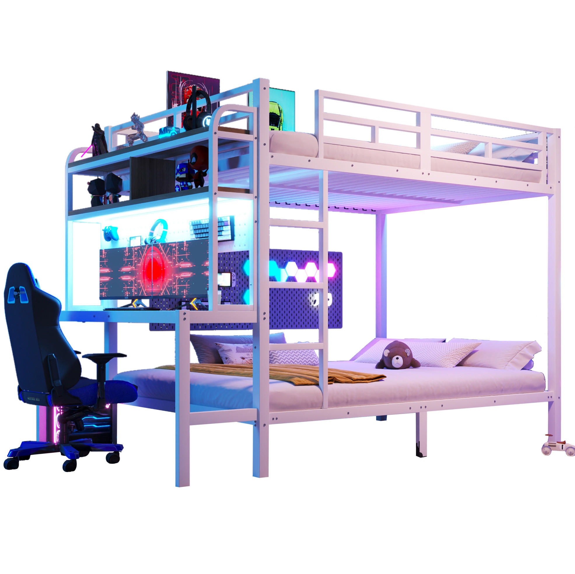 ETAGENBETT aus Metall und MDF 140x200 cm Weiß mit Schreibtisch, Ablagefächern, LED-Lichtleiste und USB - Weiß, Metall (140/200cm) - Modfu