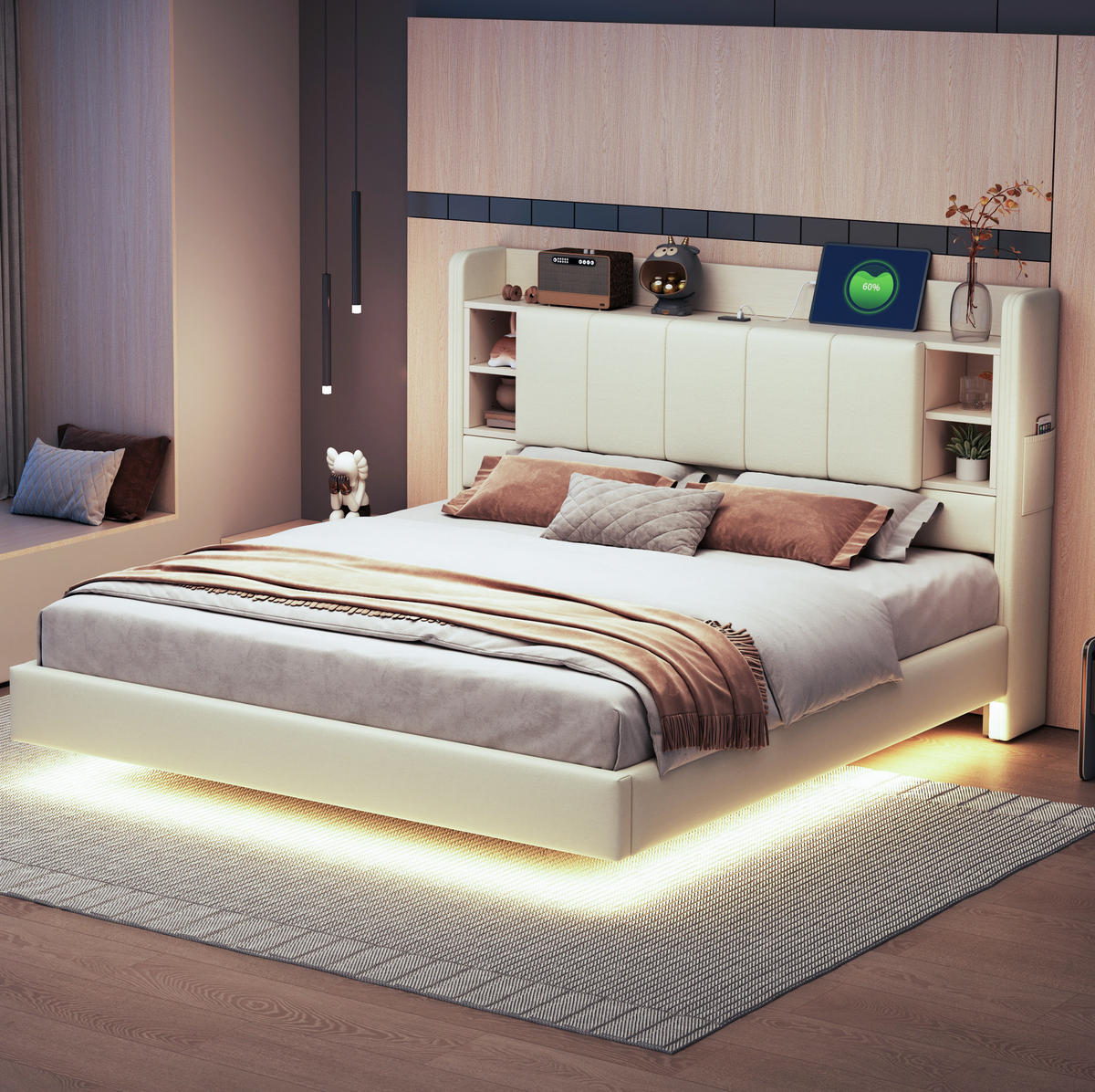 POLSTERBETT mit Stauraum und LED/USB 160x200 cm Beige - Beige, Metall (160/200cm) - Meubliv