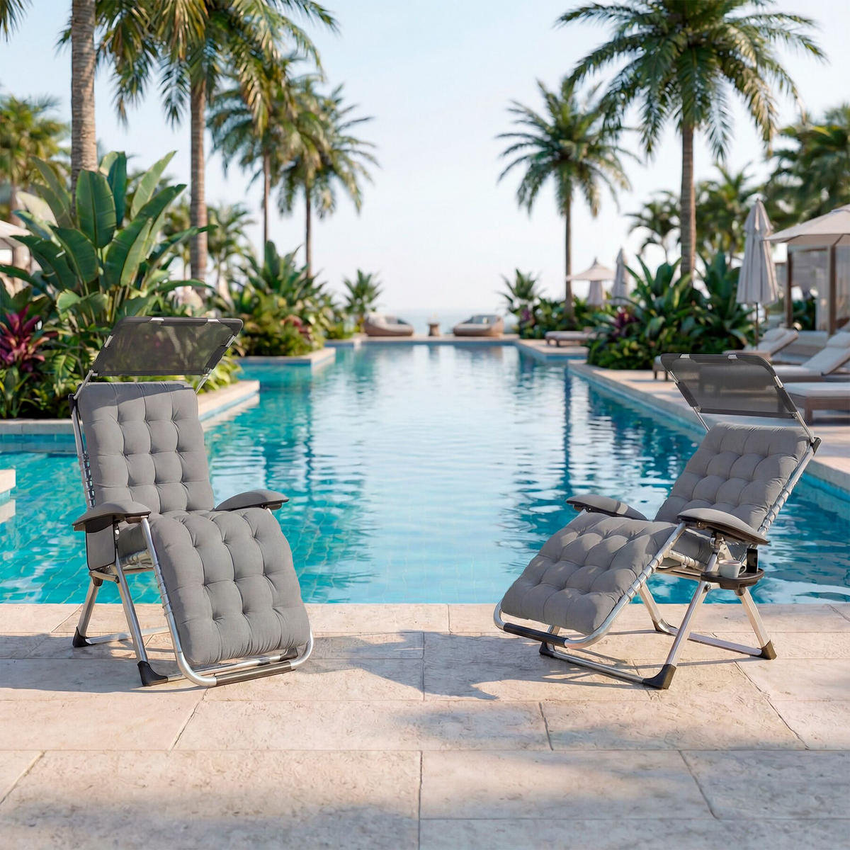 SONNENLIEGE Cloud II, mit Ablagetisch und Stautasche, hellgrau - Hellgrau, Kunststoff (84/103/168cm) - tectake