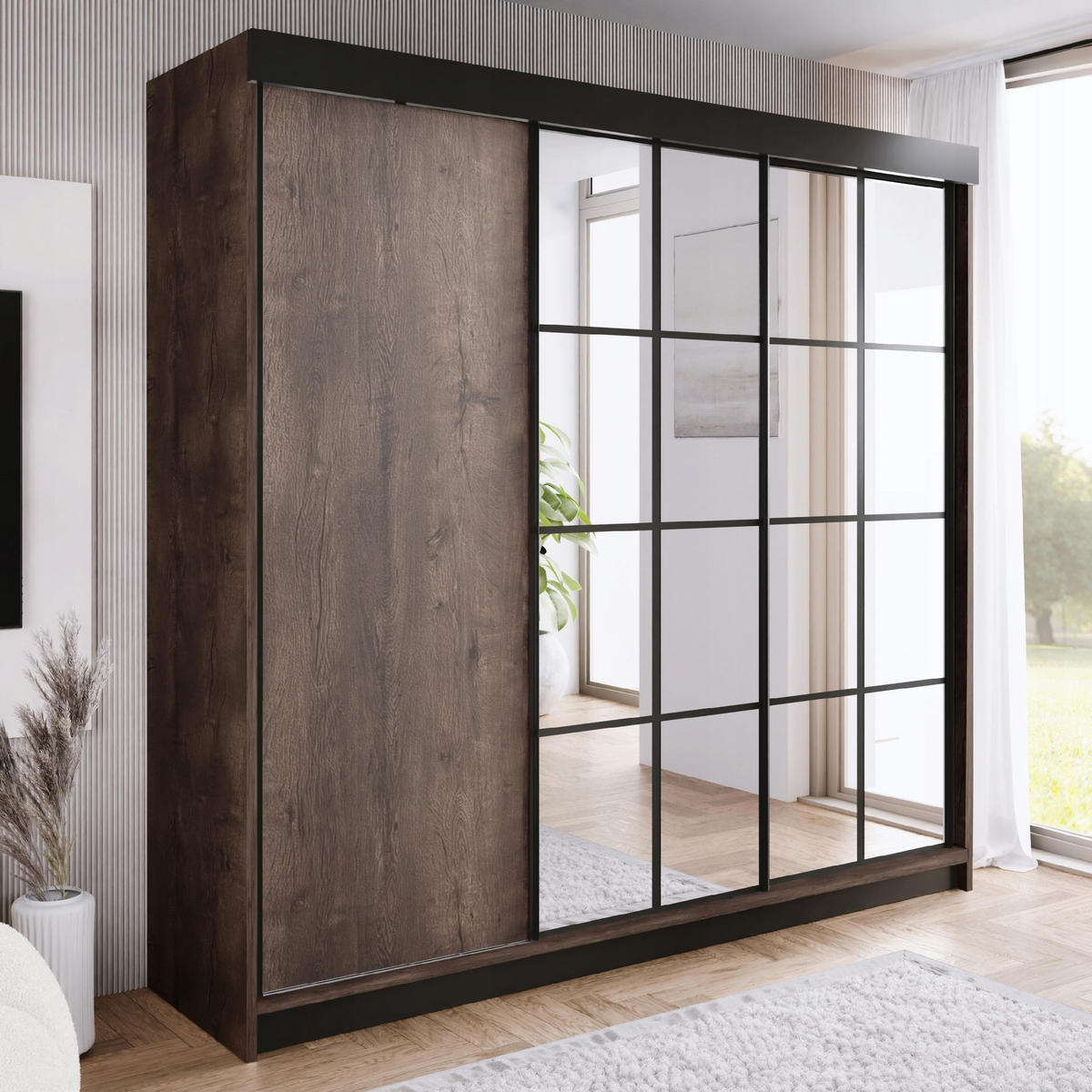 POSUVNÁ ŠATNÍ SKŘÍŇ ARI 2 se zrcadlem 250 - Tmavy Jesan - barva jasanu, kompozitní dřevo (250/200/62cm) - Kier Furniture