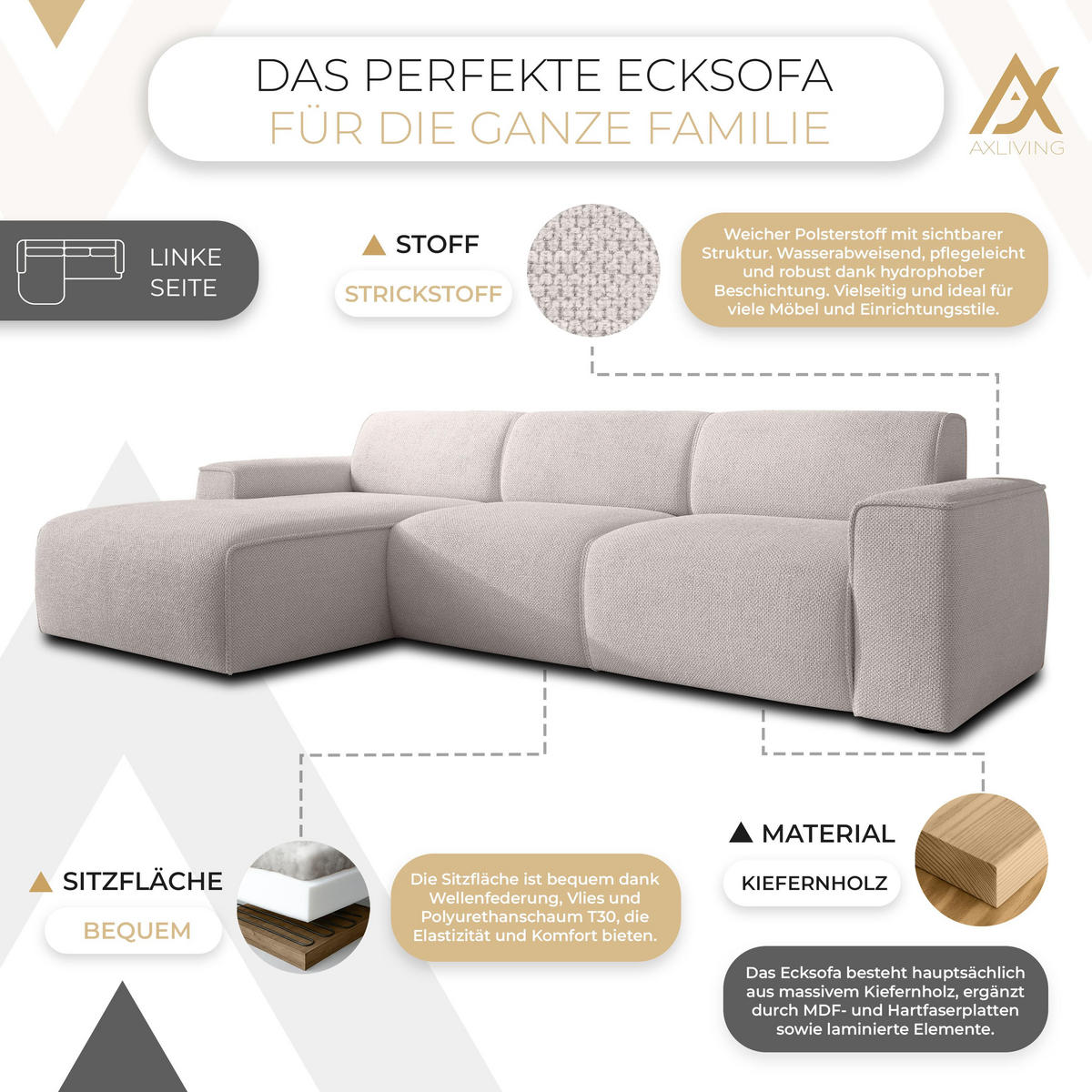 ECKSOFA L Form Didim mini Taupe 310/165/78 cm – stilvolle kleine Eckcouch L - Taupe/Schwarz, Kunststoff/Textil (165/310cm) - AX Living
