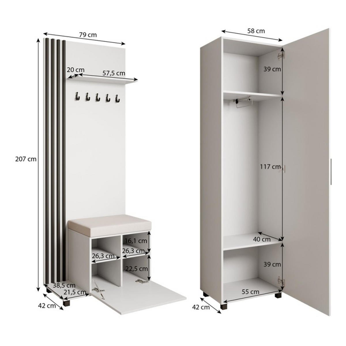 GARDEROBENSCHRANK ARMADIO 137/207/42 cm Modern Garderobe-Set Grau - Weiß/Grau, Holzwerkstoff (137/207/42cm) - MASSENO