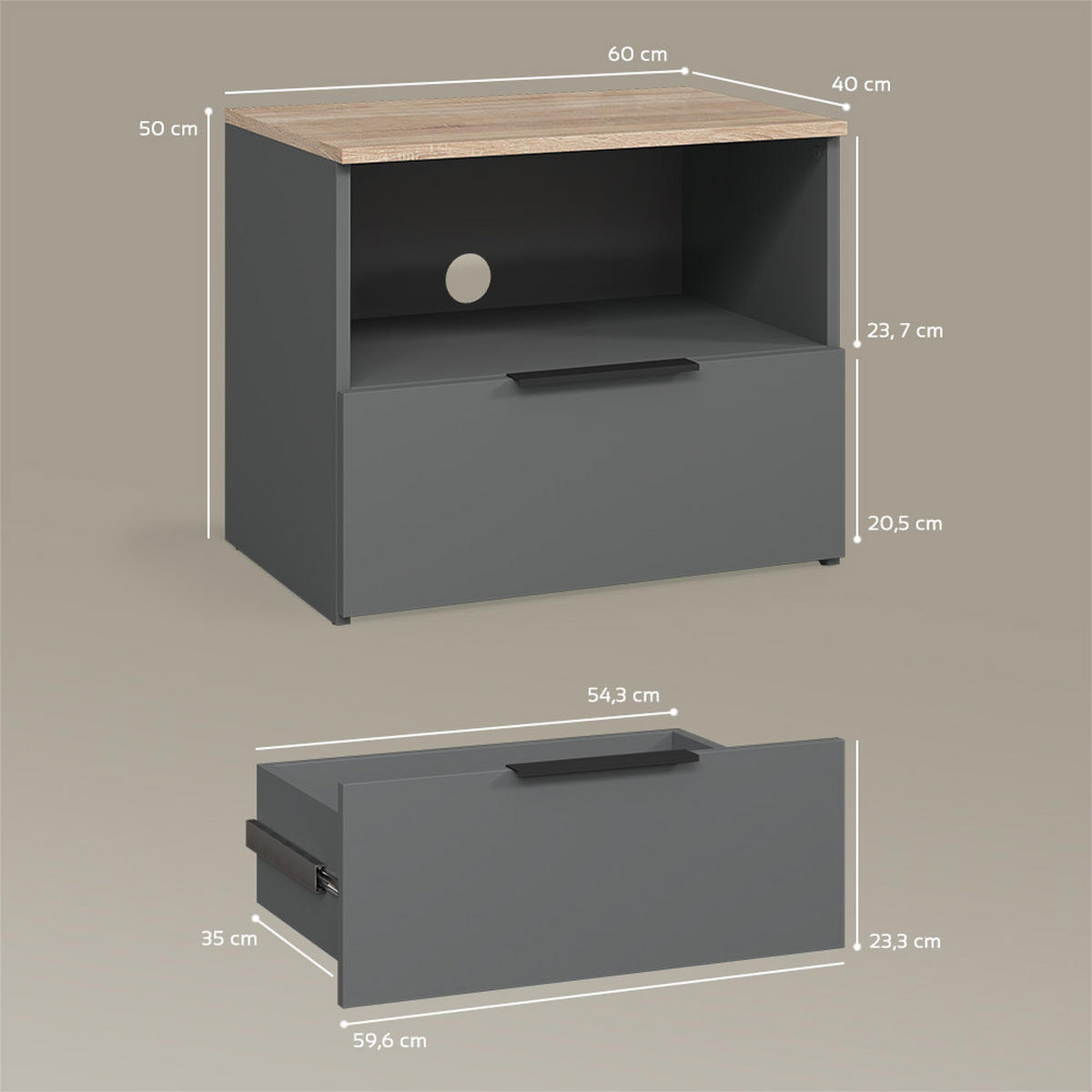 LOWBOARD Piave Anthrazit/Sonoma 60 x 50 cm mit Schublade - Anthrazit/Sonoma Eiche, Holzwerkstoff (60/50/40cm) - Livinity®