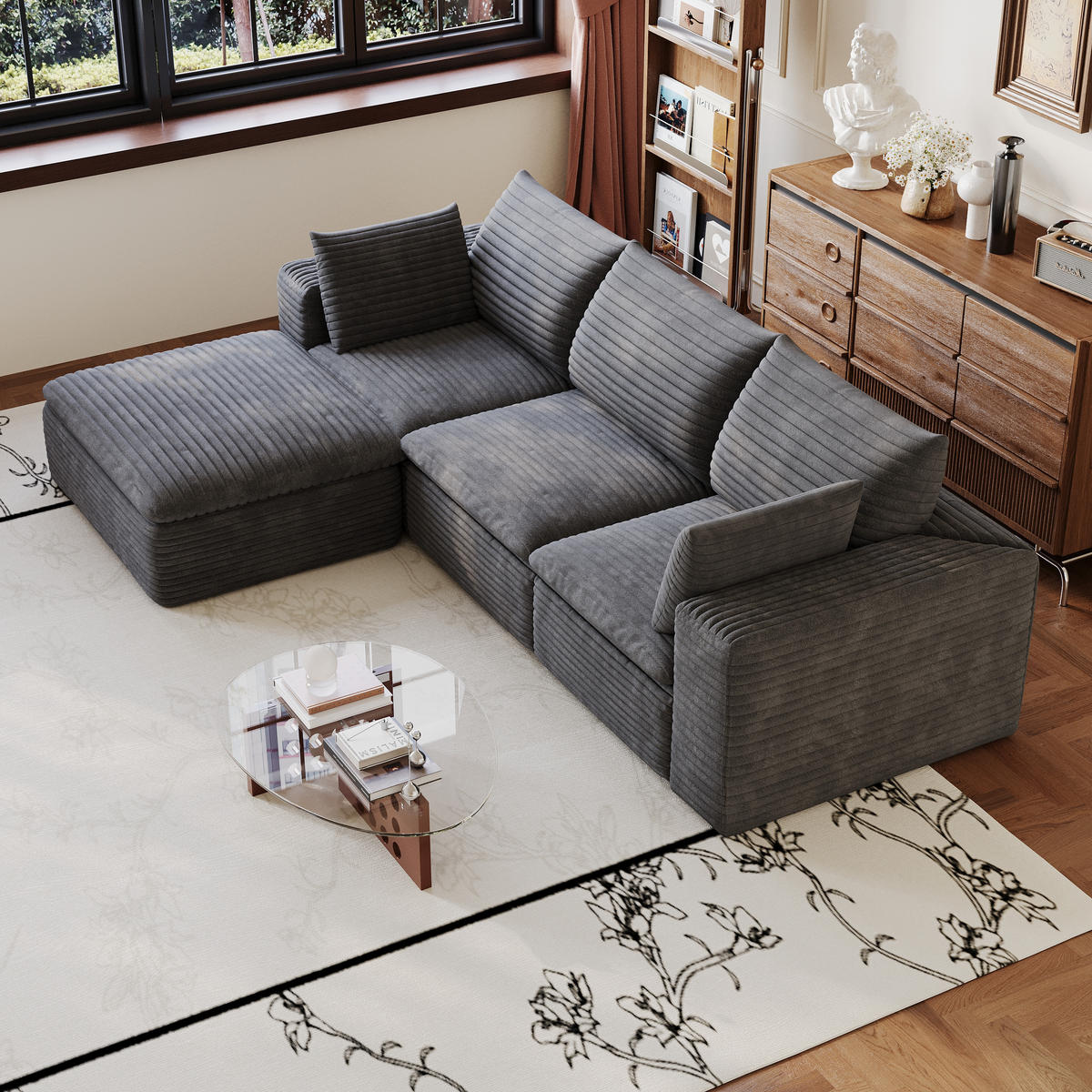 ECKSOFA DE-34773 3-Sitzer mit ottomane Dunkelgrau - Dunkelgrau, Textil (160/260cm) - ComfortXL