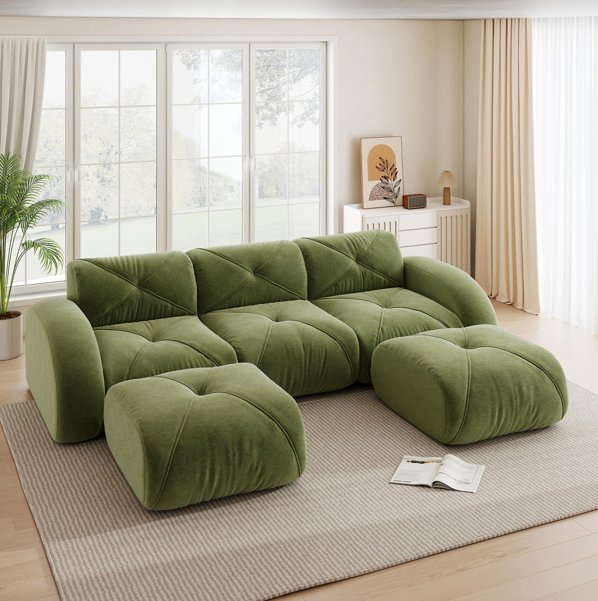 MODULSOFA U-Form 3-Sitzer Chenille Grün inkl. 2 Hocker - Grün, Kunststoff (171/76/281.1cm) - Meubliv