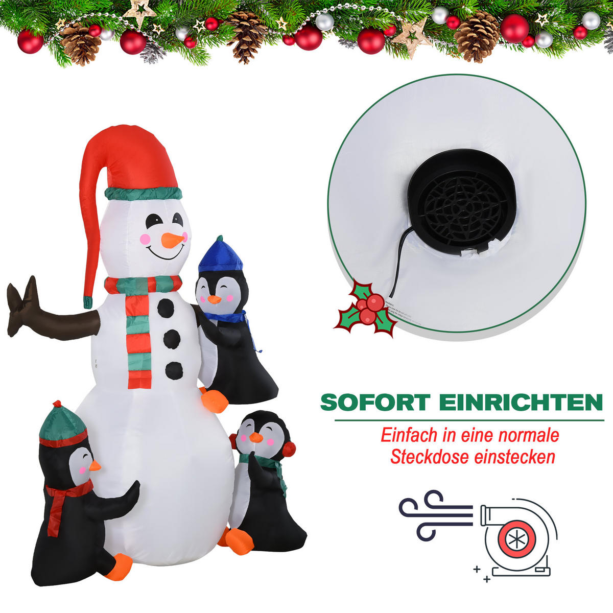 AUFBLASBARER Schneemann, Polyester, Mehrfarbig - Multicolor, Kunststoff (70/180/140cm) - HOMCOM