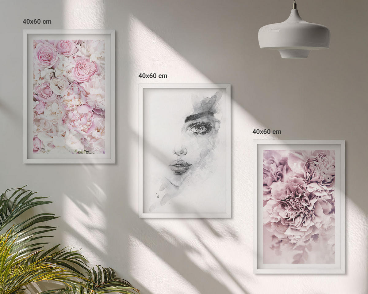 BILDER SET 3er Set - 40x60 cm Weißer Rahmen - Pfingstrosenporträt einer Frau in Schwarzweiß - Weiß, Kunststoff (40/60cm) - TULUP