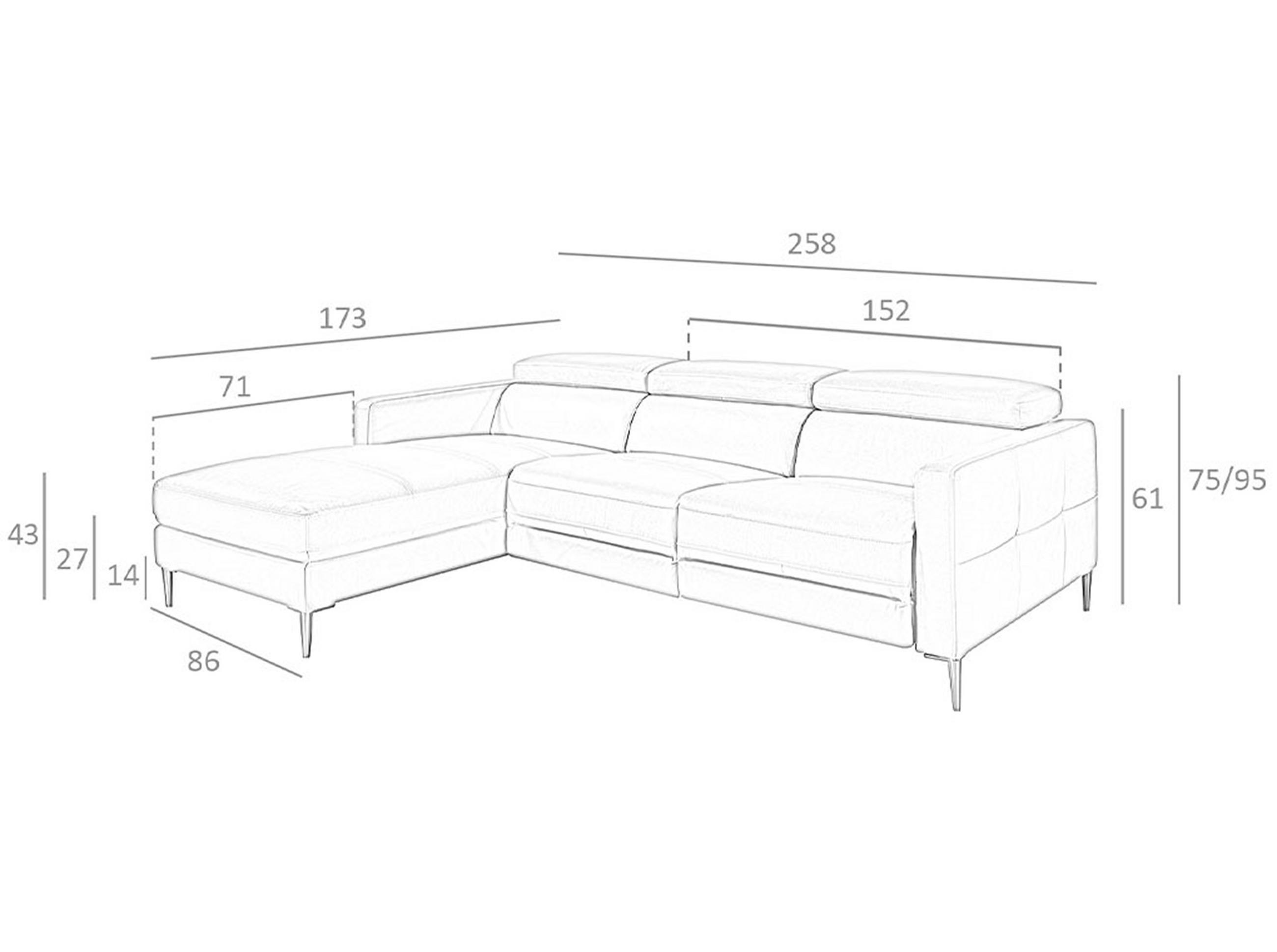 ECKSOFA Dunkelgrau Dunkler Stahl 258/173/95 cm - Dunkelgrau/Grau, Leder (258/173cm) - ANGEL CERDA