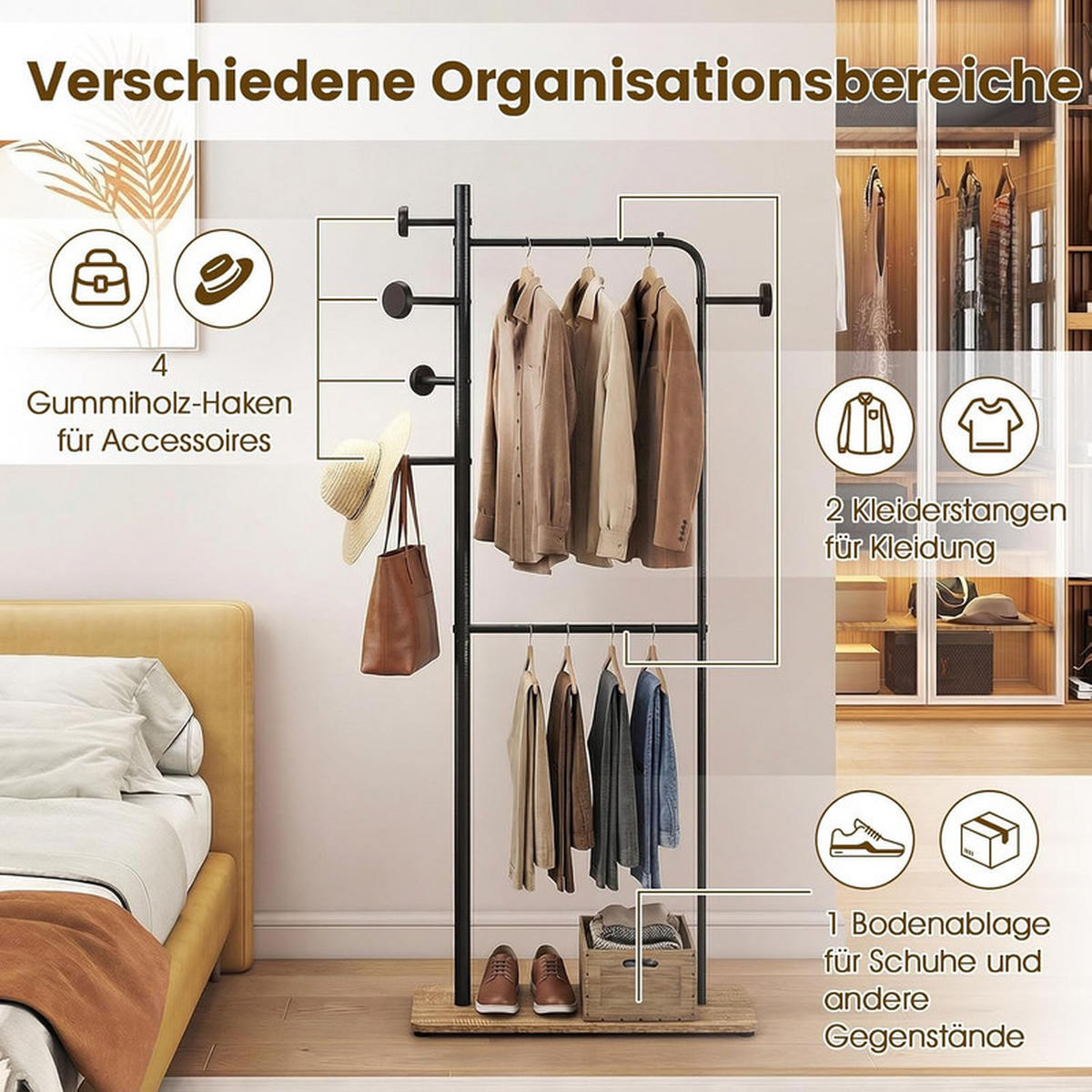 GARDEROBENSTÄNDER mit 2 Kleiderstangen schwarz - Schwarz, Metall (68/167/30cm) - COSTWAY