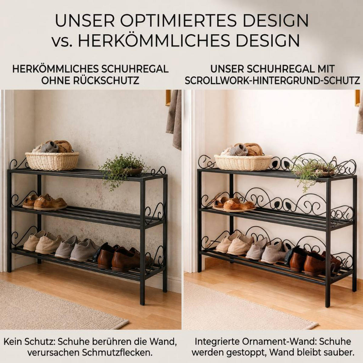 SCHUHREGAL Mi-3 Regal 92cm Schuhschrank Schuhablage Metall Schmiedeeisen - Schwarz, Metall (92/57/30cm) - DanDiBo