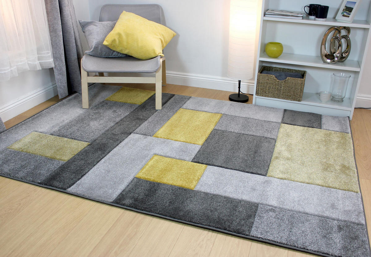 TEPPICH geometrisch 3D-Effekt handgearbeitet NIDD CLARA, Gelb-Grau 120x170 cm - Gelb, Textil (120/170cm) - KADIMA DESIGN