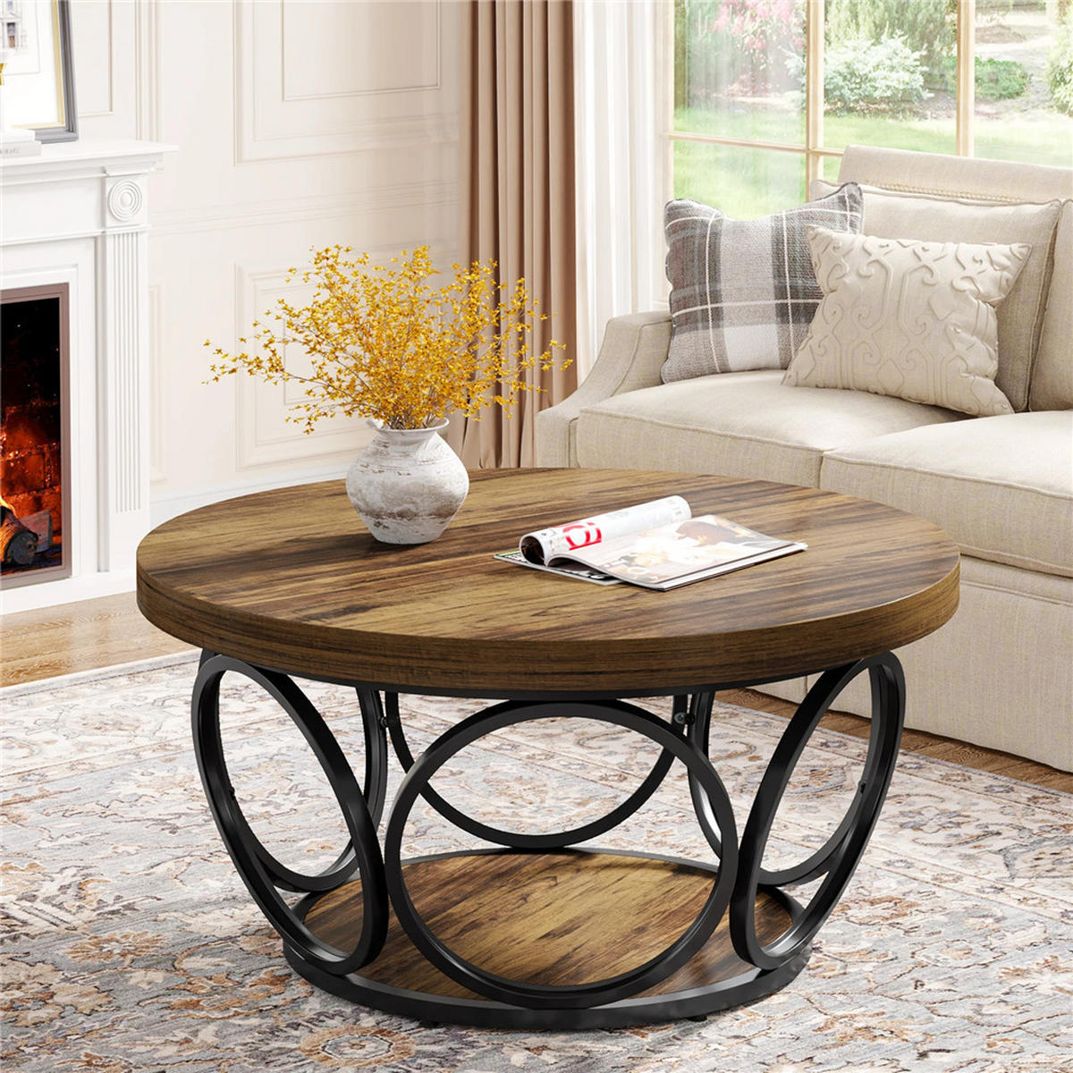 COUCHTISCH rund 80/80/42.5 cm 2 Ebenen Holz Stauraum modern - Braun, Holz (80/80/42.5cm) - Kaket