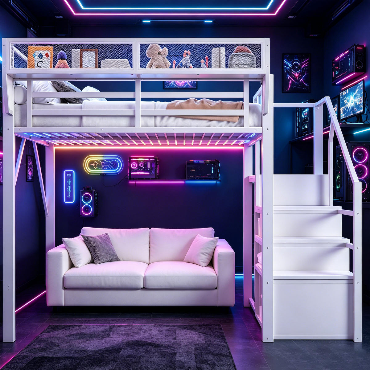 HOCHBETT 140/200 cm in Weiß Metall mit LED, Sicherheitsleiter und Stauraum - Weiß, Holzwerkstoff/Metall (140/200cm) - WISHDOR