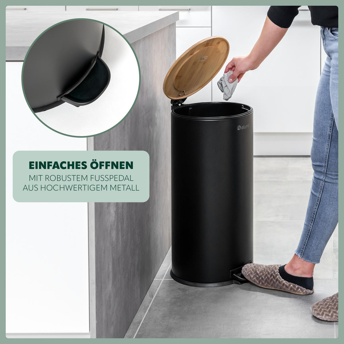 ABFALLEIMER 30 Liter, schwarz, Metall - Schwarz, Metall (30.5/60/39cm) - eluno