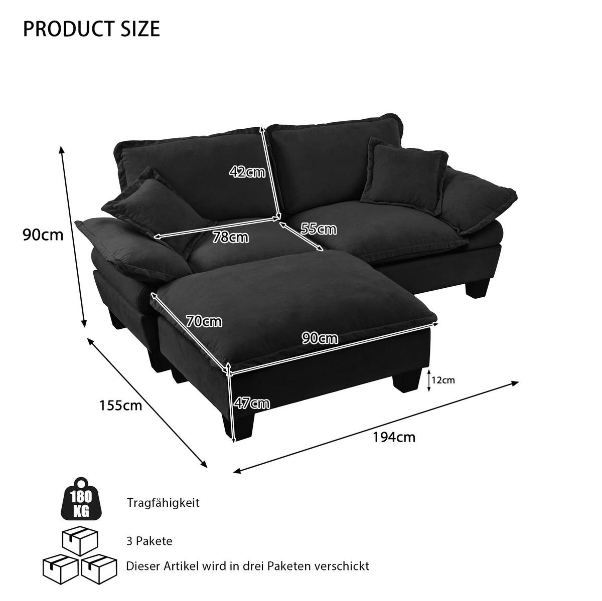 SOFA modular mit Ottomanen 194 x 151 cm Chenille Schwarz - Schwarz, Holzwerkstoff (151/194cm) - Meubliv
