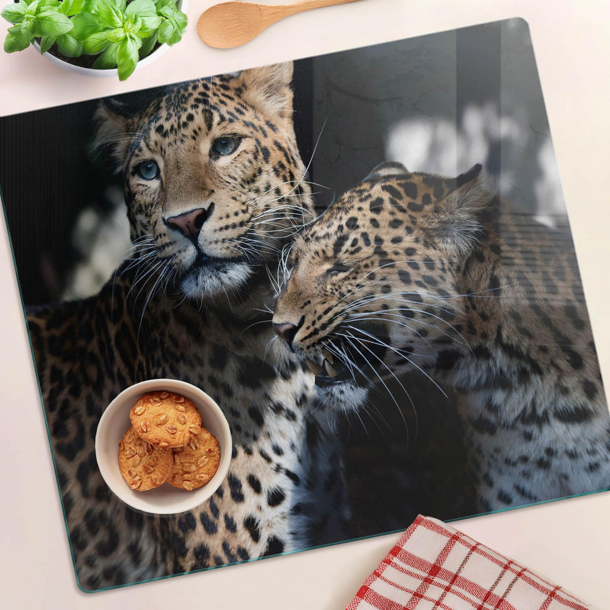 GLASPLATTE 60x52 cm Zwei Leoparden - Cappuccino, Glas (60/52cm) - TULUP