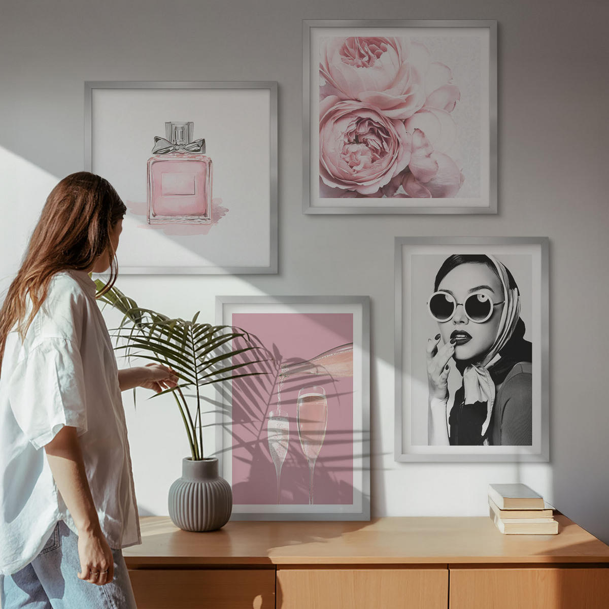 BILDER SET 4er Set - 50x50 cm & 40x60 cm Silberner Rahmen - Stilvolle pinkfarbene Accessoires - Silberfarben, Kunststoff (50/50cm) - TULUP