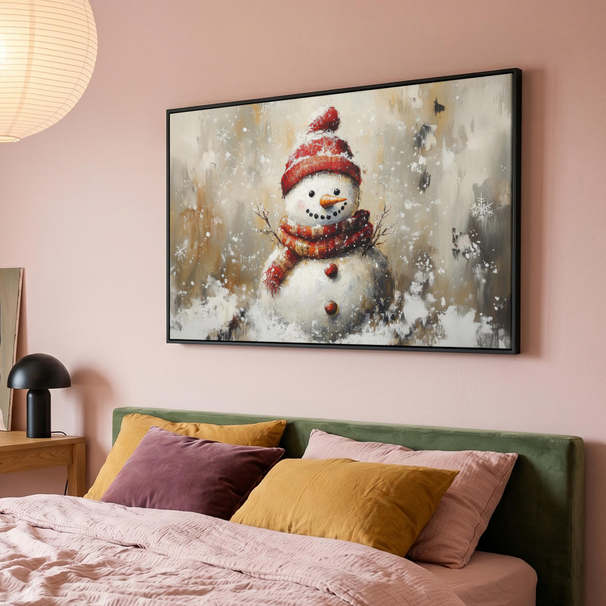 LEINWAND Bilder mit Rahmen - Schneemann - Winter - Schnee - Beige - 140x90 - Weiß, Textil (140/90cm) - MuchoWow