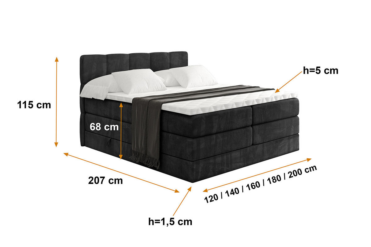 BOXSPRINGBETT mit Matratze H3|H4 und Lattenrost - LIRO KING-120x200 - Schwarz Casablanca - Schwarz, Holzwerkstoff (120/200cm) - ALTDECOR