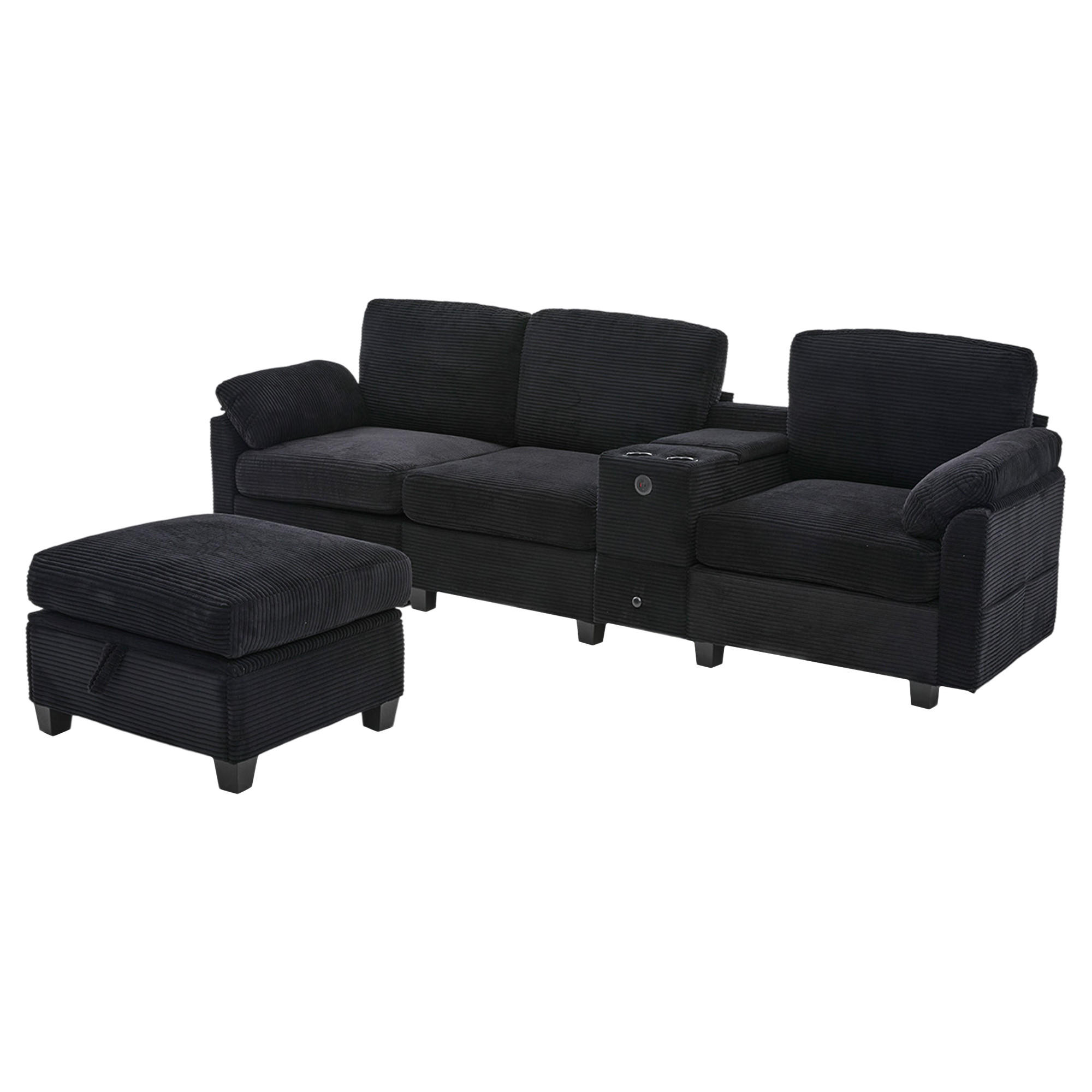 ECKSOFA Cord mit Memory-Foam USB-Anschluss und Stauraum 266/136/82 cm Schwarz - Schwarz, Textil (136/82/266cm) - Redom