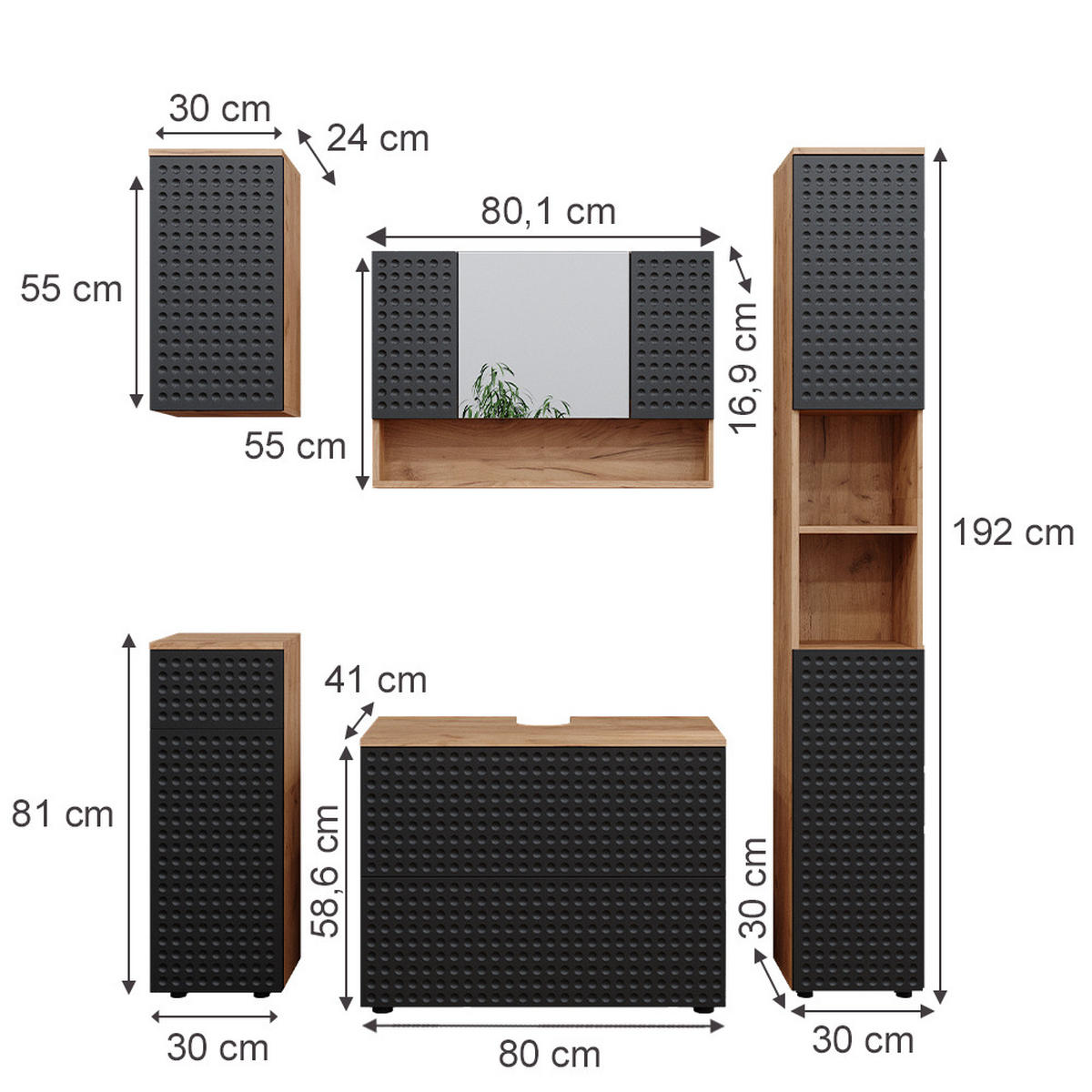 BADMÖBEL-SET Irma Anthrazit gepunktet 5 Teile - Honigeiche/Anthrazit, Holzwerkstoff (80/58.6/41cm) - Vicco