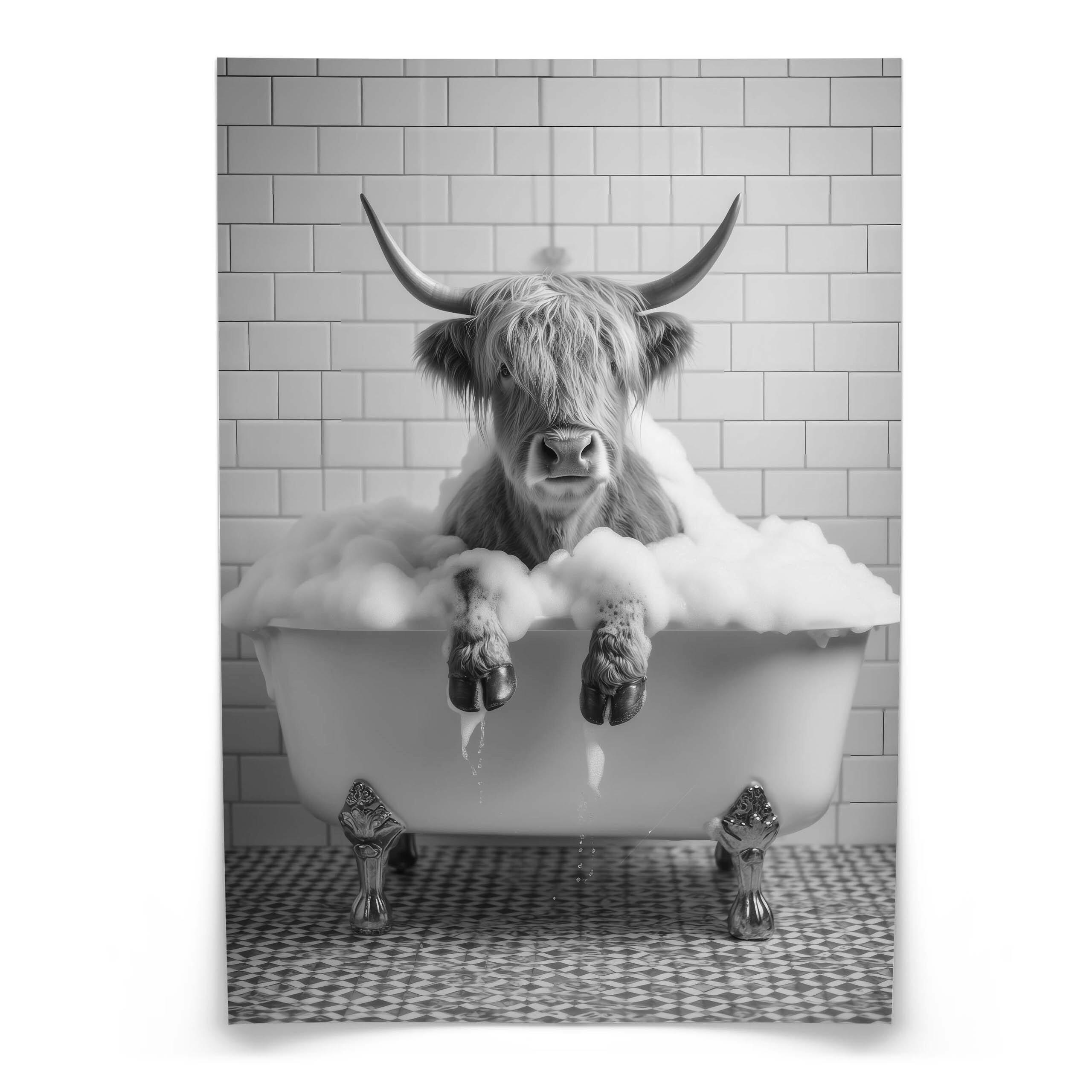 POSTER für WC Badezimmer SCHOTTISCHE KUH in Badewanne Schwarz-Weiß Abstraktion 50x70cm - Schwarz/Weiß, Papier (50/70/70cm) - Muralo