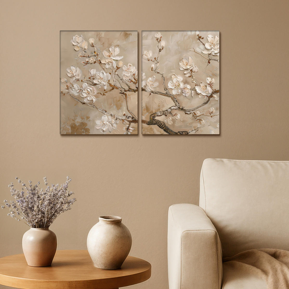 LEINWANDBILD 2er Set Beige - Blüte - Modern 60x40 cm - Greige, Textil (60/40cm) - MuchoWow