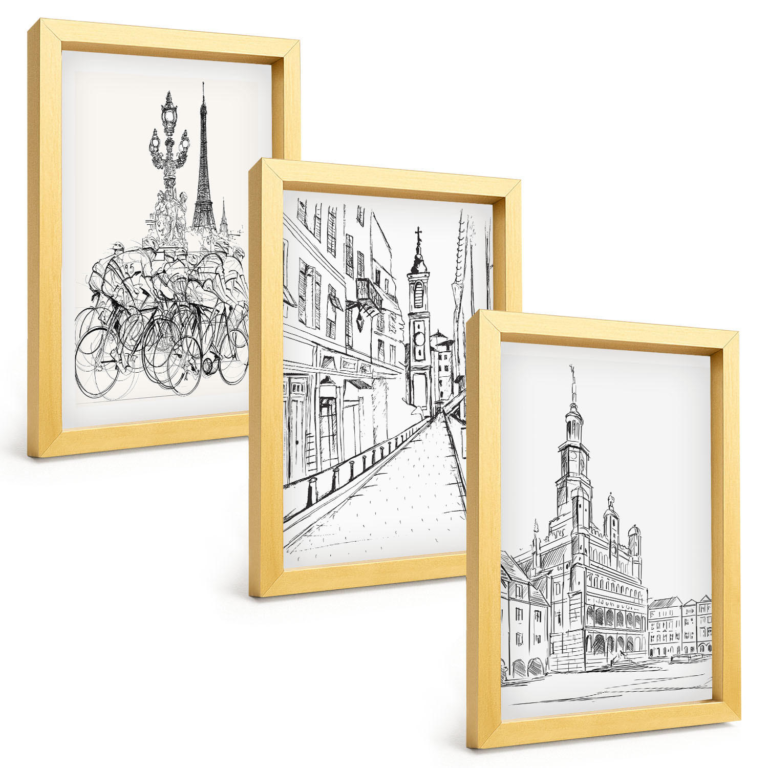 BILDER SET 3er Set - 20x30 cm Goldrahmen - Einfache Zeichnungen von Stadtlandschaften - Goldfarben, Kunststoff (20/30cm) - TULUP