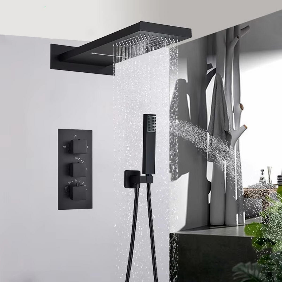 ÜBERKOPFBRAUSESET Thermostat Edelstahl 304, Schwarz, Mit Wasserfall - Schwarz, Metall (22/30/52cm) - Kaket
